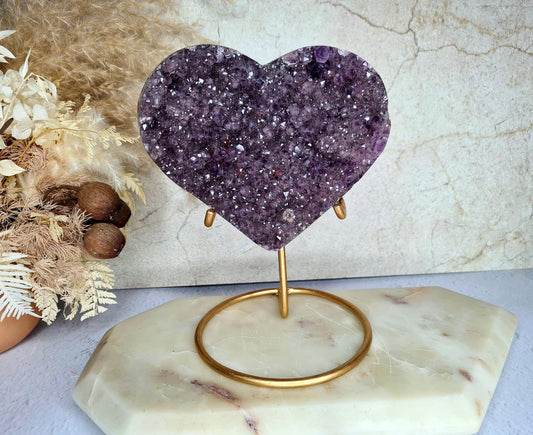 Chunky  Druzy Amethyst Heart with Hematite on stand