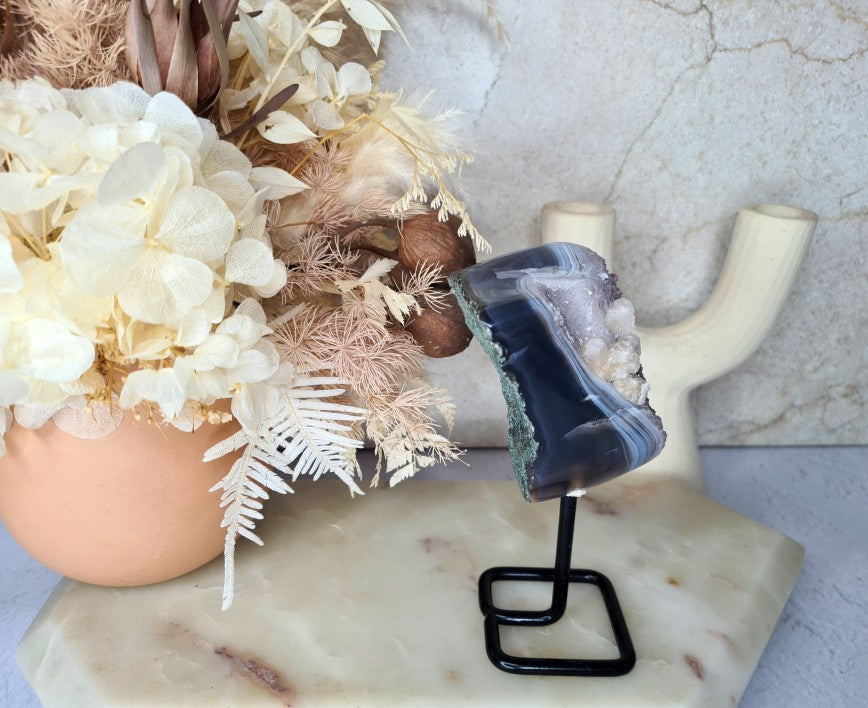 Amethyst Cluster on display stand with Calcite 01