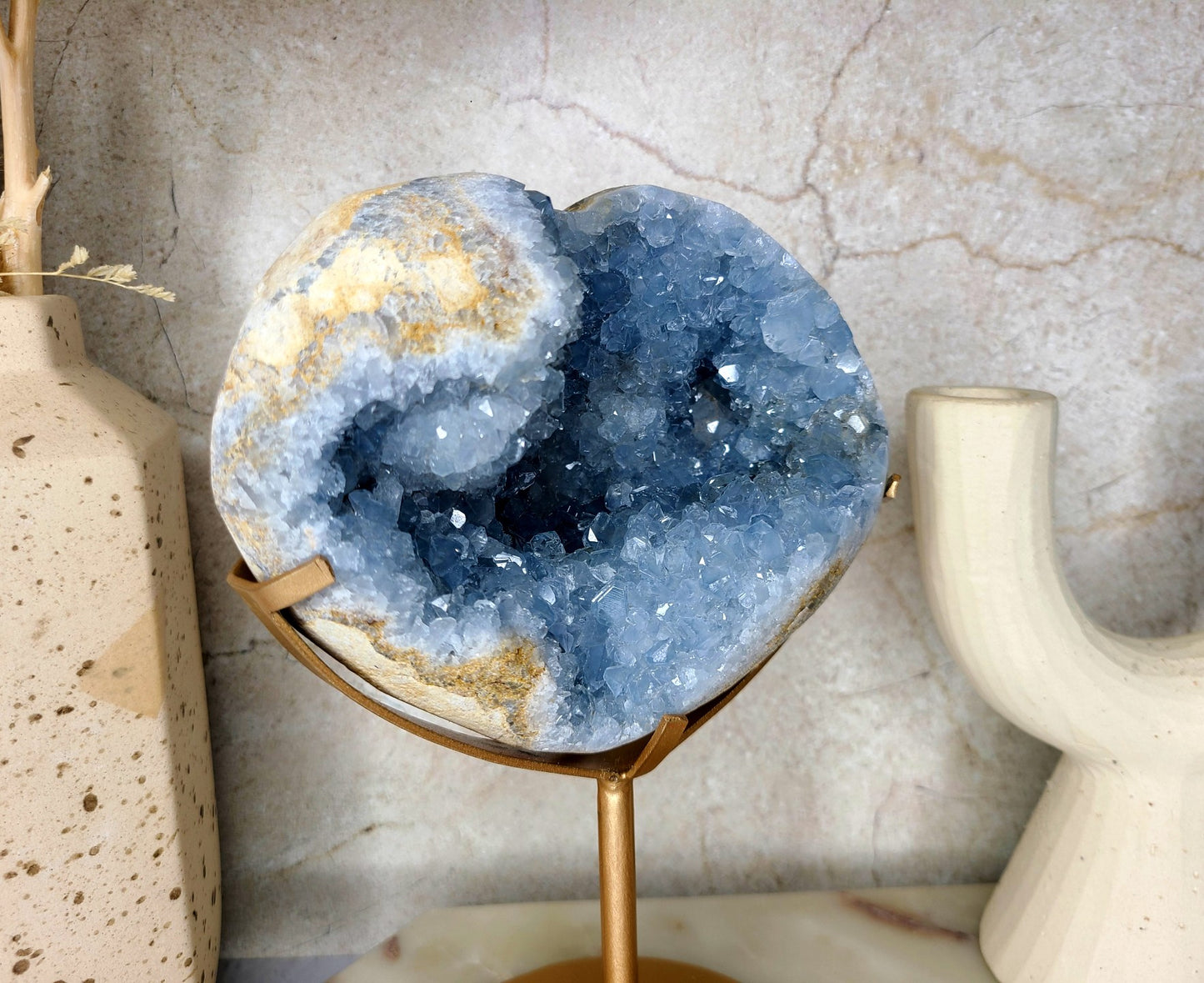 Celestite Heart on display stand 04- 1.6kg