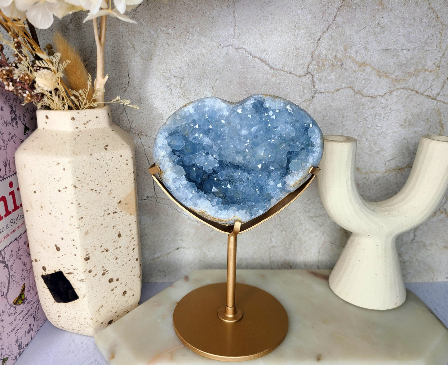 Celestite Heart on display stand 01 - 1.3kg