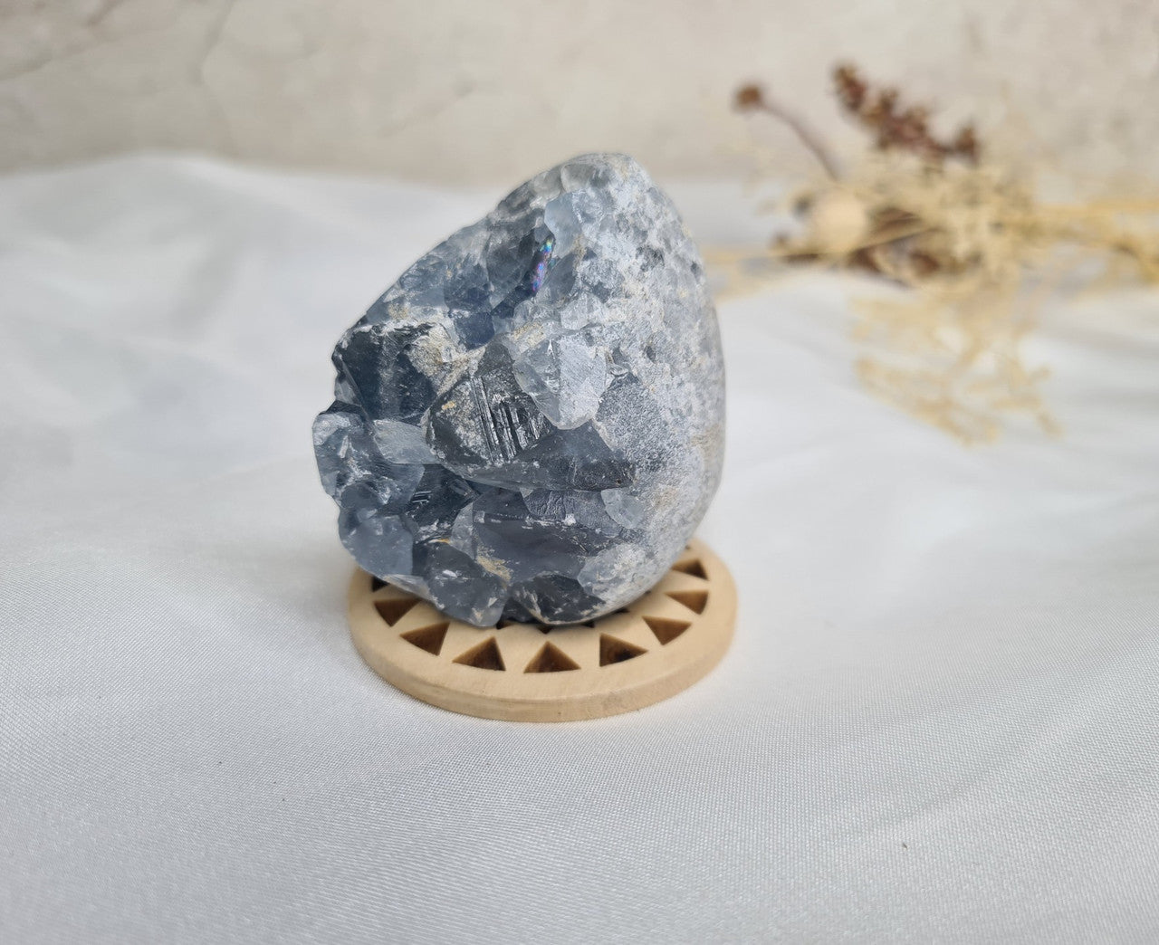 Celestite Cluster Egg on stand 08