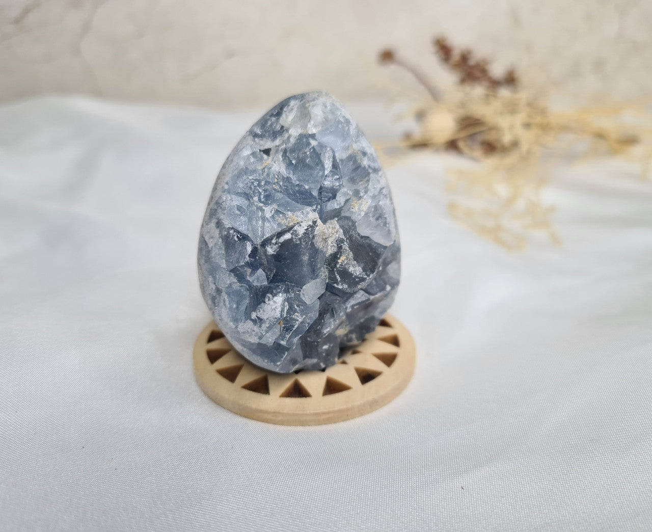 Celestite Cluster Egg on stand 08