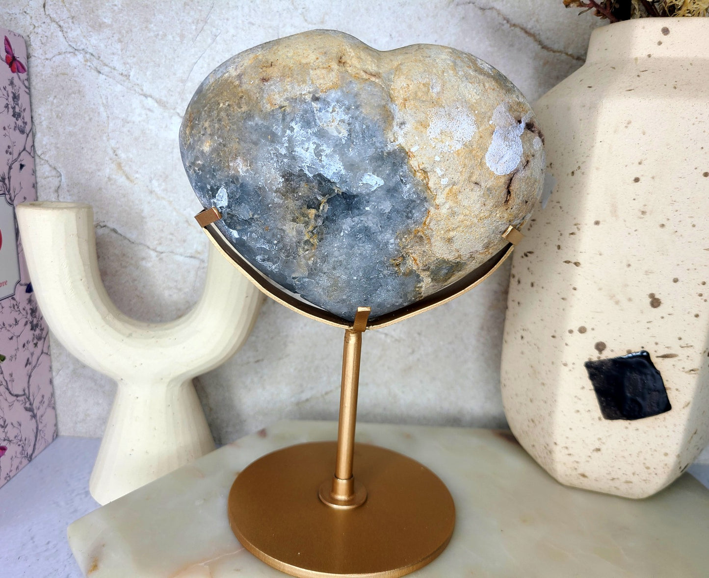 Celestite Heart on display stand 03 - 1.8kg