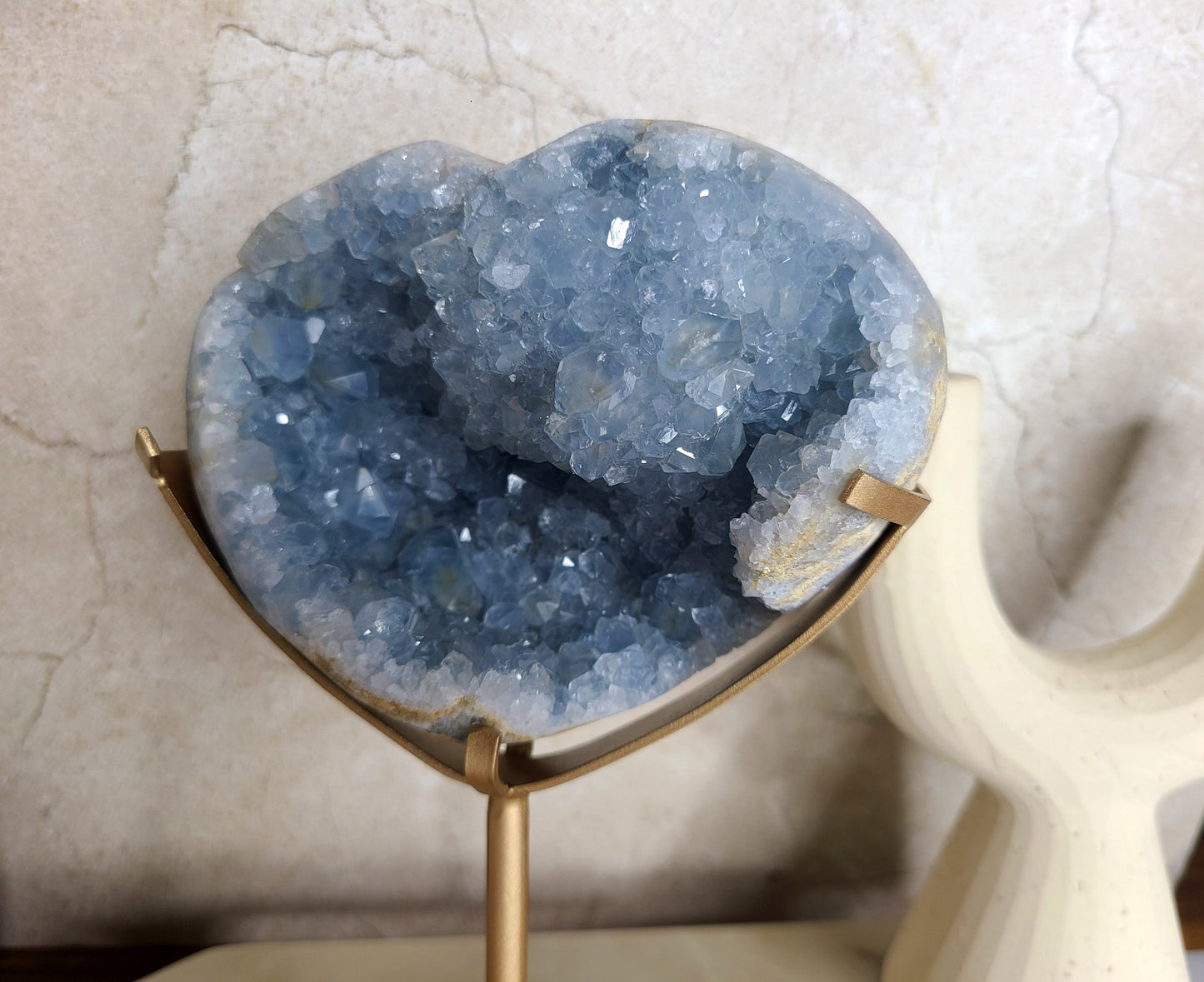 Celestite Heart on display stand 01 - 1.3kg