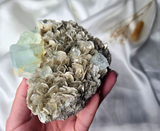 Natural Aquamarine and Mica Specimen with Fluorite 01