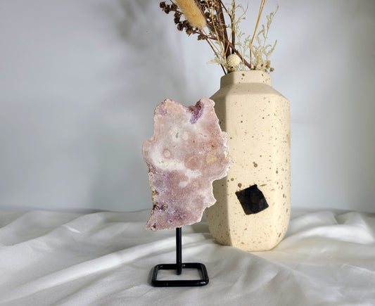 Druzy Pink Amethyst Slab on display stand - 14