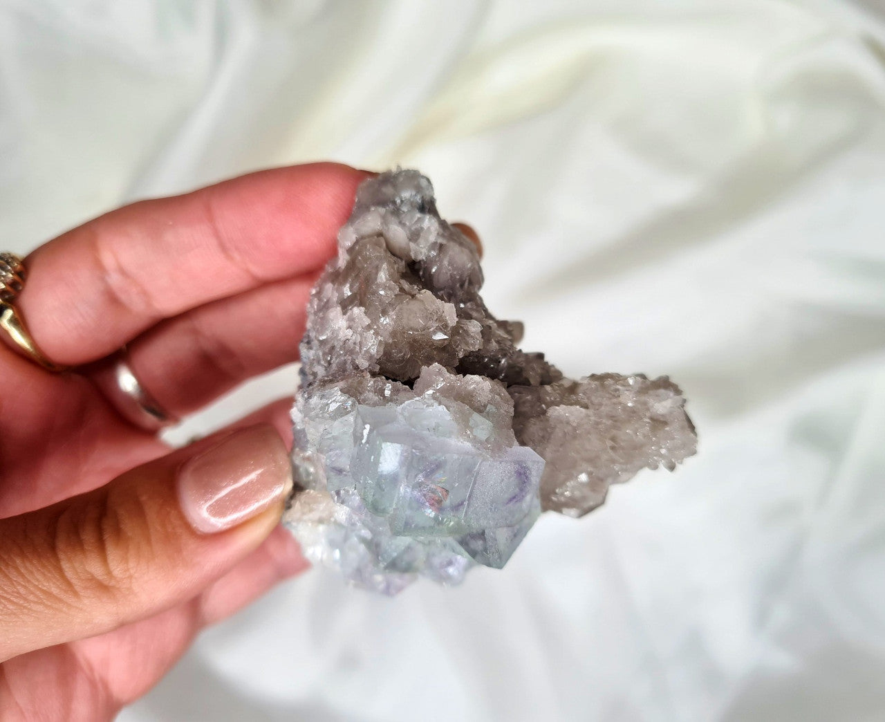 Green Cubic Fluorite & Smoky Quartz Cluster 01